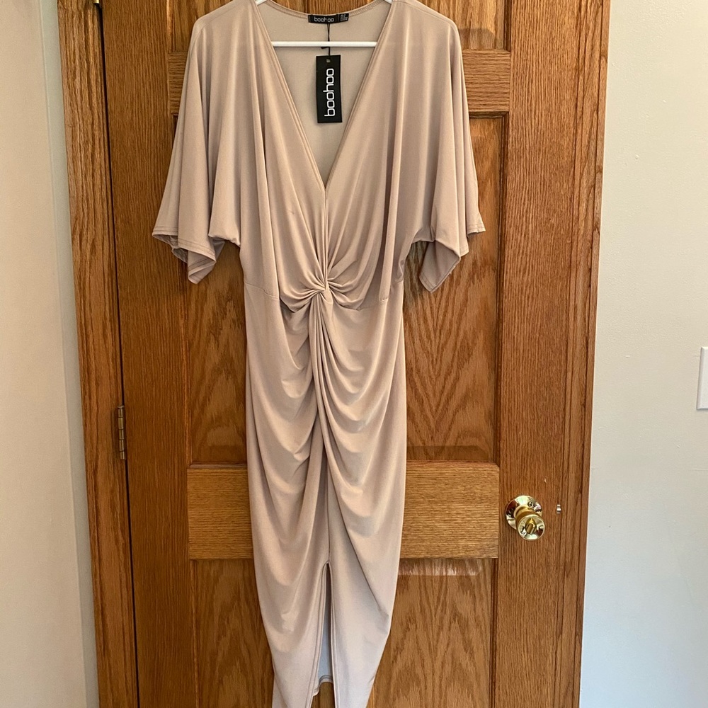 Boohoo tan midi dress